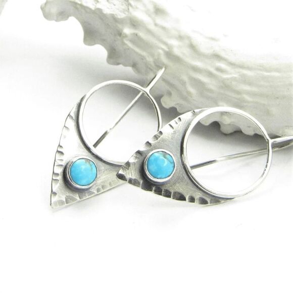 SILVER TURQUOISE GEOMETRIC BOHO WESTERN TRIBAL DANGEL EARRINGS - Picture 1 of 5